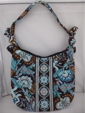 Vera Bradley Quilted Brown Blue Floral Paisley Hobo Shoulder Bag Purse Zip H4